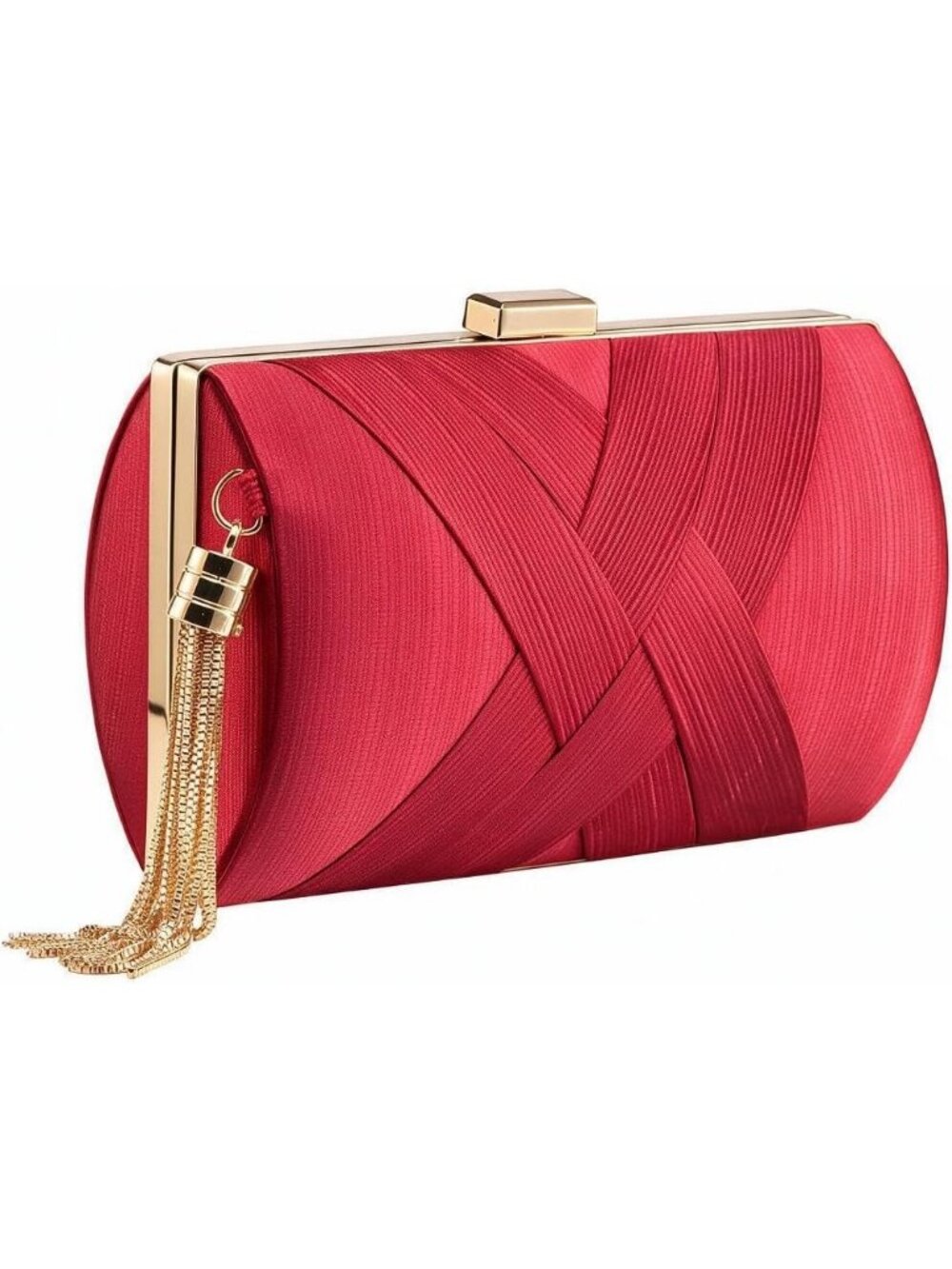 Women's Red Silk Satin Clutch Purse Pearl Tassel With Chain Evening Bag